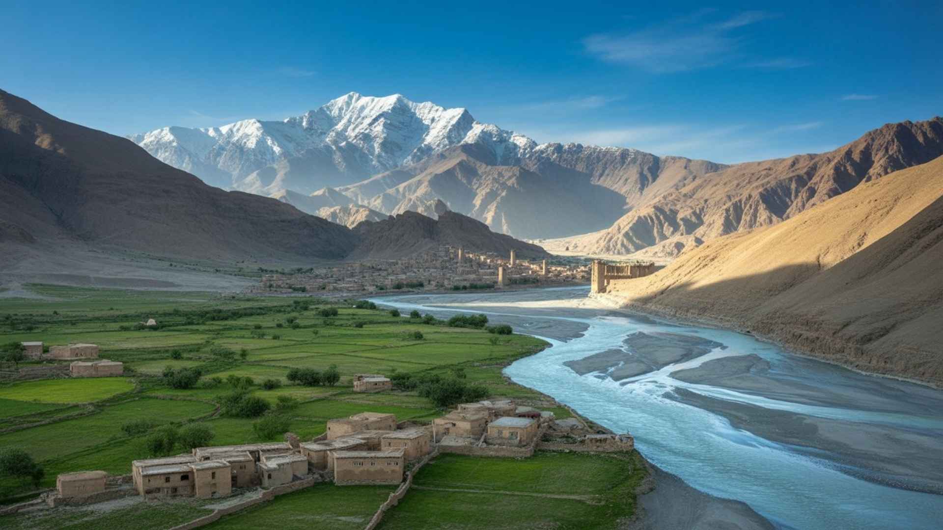 : An aerial view of a river cutting through a dramatic valley, with a small mud-brick village nestled between vibrant green fields and towering, rugged mountains. The highest peaks in the background are covered in snow.