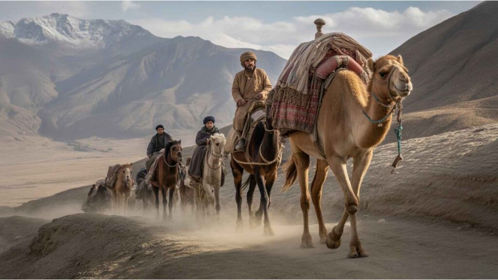 A line of men on horseback and a camel, laden with goods, trekking along a dusty path in a mountainous, arid landscape, on a journey reminiscent of the historic Silk Road