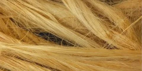 The image is a close-up, textured photograph of a pile of raw, natural banana fiber or banana silk.

The fibers are long, uneven, and range in color from light golden yellow to a darker tan, resembling coarse straw or raw jute. They are laid across one another, showing their distinct, somewhat stiff strand structure.








