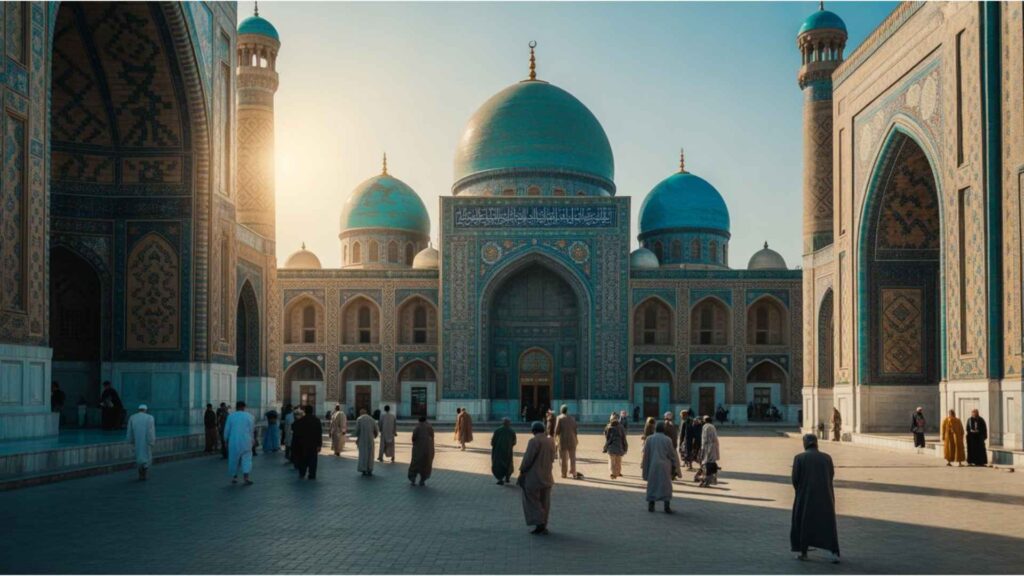 The Blue Mosque in Mazar-i-Sharif, Afghanistan, with stunning blue tiles and Islamic architecture.