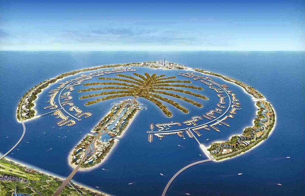  An aerial view of the Palm Jumeirah in Dubai, a large man-made archipelago shaped like a palm tree with luxurious villas, hotels, and marinas.

