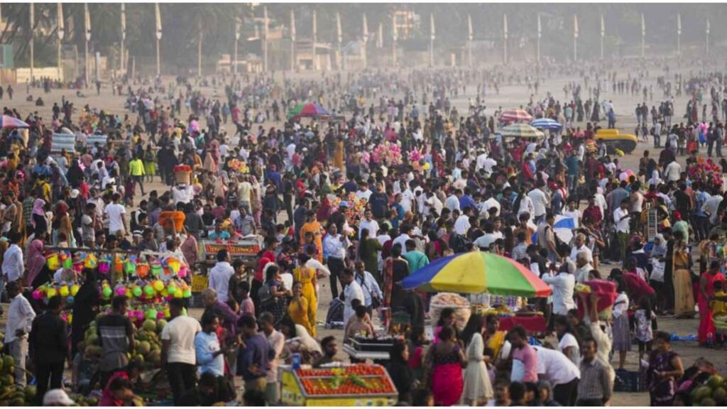 Aerial view of Crowded street in India showing people, markets, and daily life, highlighting India as the world’s most populous country.