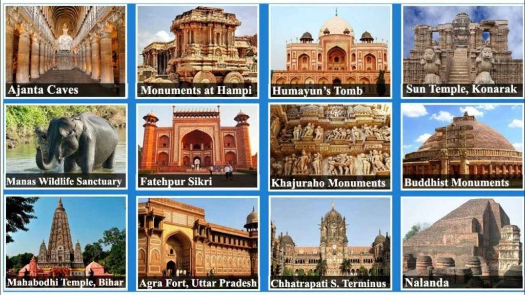  A twelve-panel image collage showcasing various historical and natural sites in India, including the Ajanta Caves, Monuments at Hampi, Humayun's Tomb, Sun Temple in Konarak, Manas Wildlife Sanctuary, Fatehpur Sikri, Khajuraho Monuments, Buddhist Monuments (Sanchi Stupa), Mahabodhi Temple, Agra Fort, Chhatrapati Shivaji Terminus, and Nalanda.