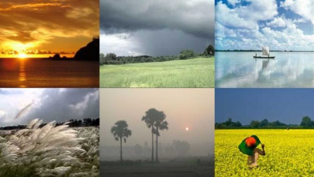 Illustration of the six seasons of Bangladesh – summer, monsoon, autumn, late autumn, winter, and spring – each shown with traditional scenery, weather patterns, and rural landscapes.