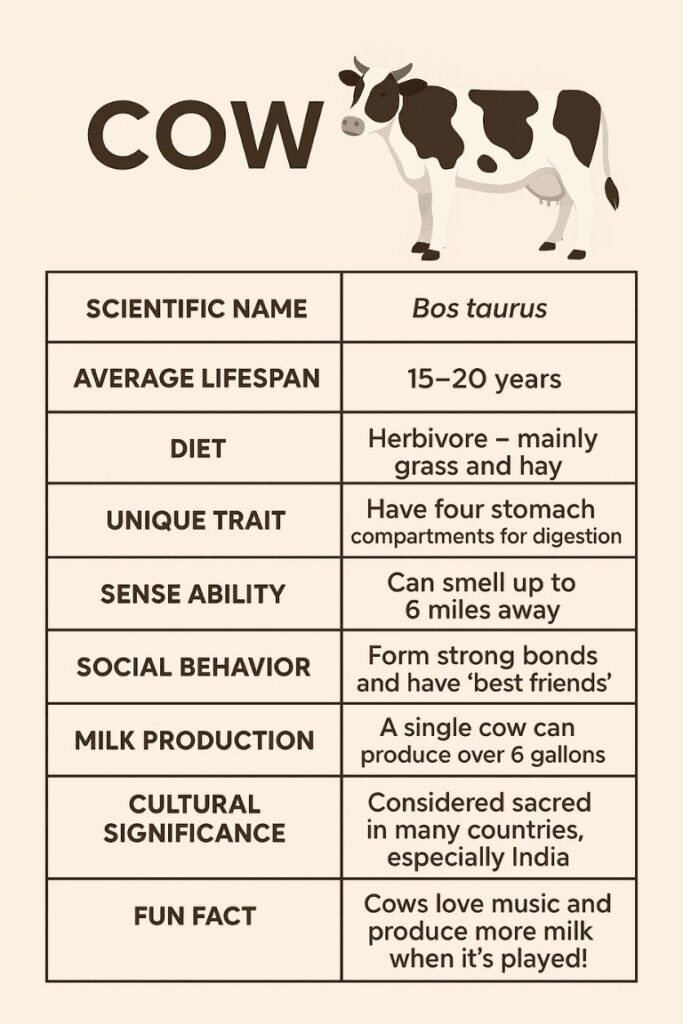 An infographic providing facts about a cow, including its Scientific Name (Bos taurus), Average Lifespan (15-20 years), Diet (Herbivore), Unique Trait (four stomach compartments), Sense Ability (can smell up to 6 miles away), Social Behavior (form strong bonds and have 'best friends'), Milk Production (over 6 gallons per day), Cultural Significance (considered sacred), and a Fun Fact (love music).

