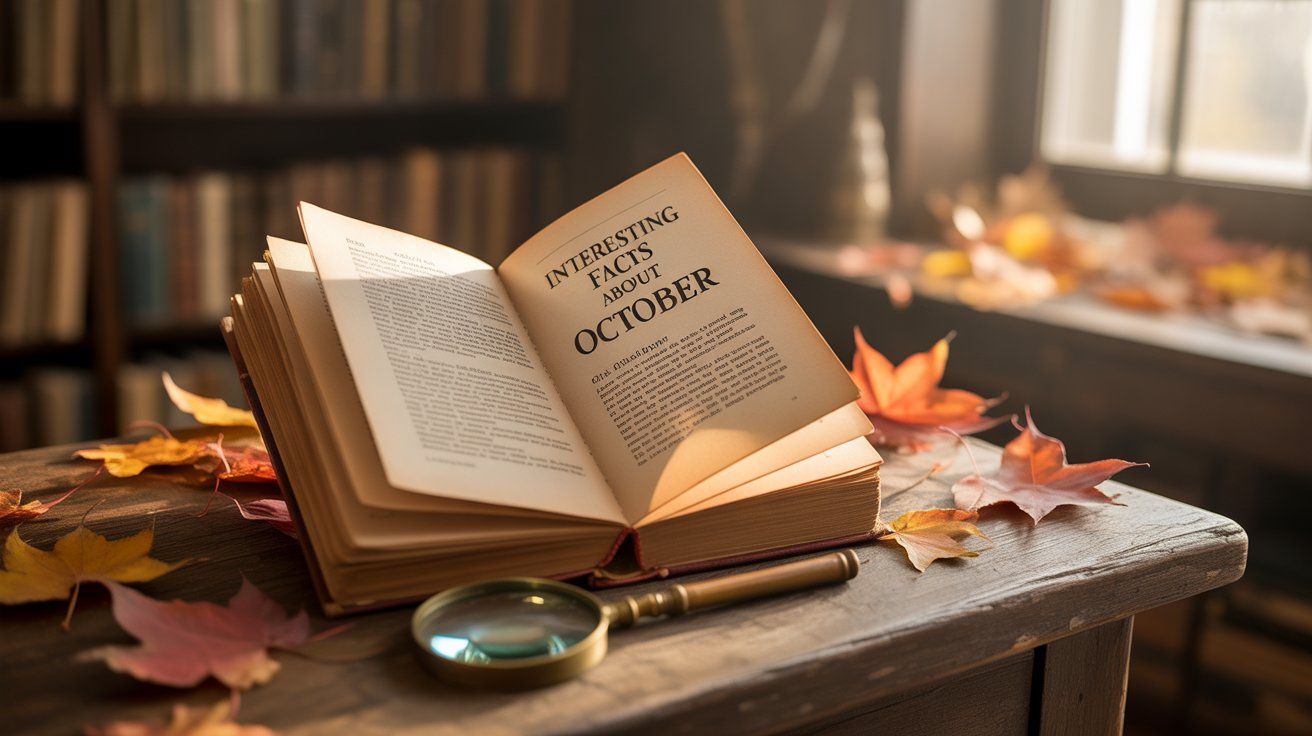 A slightly old, open book titled "INTERESTING FACTS ABOUT OCTOBER" rests on a rustic wooden table. A magnifying glass lies in front of the book, and colorful autumn leaves (red, orange, and yellow) are scattered across the table and floor. The scene is warmly lit, likely by a window visible on the right, with blurred bookshelves in the background.