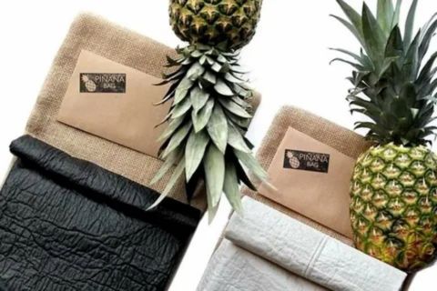 Two pineapples are shown with their tops pointing down, framed by two folded pieces of textile or vegan leather goods. The products are black and white, both featuring a distinct, slightly wrinkled texture. Accompanying them are small, rectangular brown paper sleeves labeled with the logo 'PINANA BAG'. The image highlights the use of pineapple leaf fiber to create sustainable leather goods."










