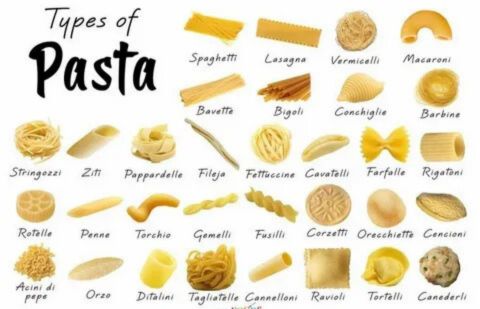An infographic titled "Types of Pasta" shows a grid of various dry pasta shapes, such as long strands (spaghetti), flat sheets (Lasagna), tubes (Penne, Rigatoni), stuffed (Ravioli, Tortellini), and small soup pasta (Acini di Pepe, Orzo).








