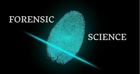 Graphic representation of a glowing blue fingerprint with the text "Forensic Science," emphasizing the unique nature of biometric evidence.