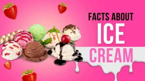 A bright, eye-catching graphic with a vibrant pink background. Various scoops of ice cream—including vanilla with strawberry swirl, chocolate, green (pistachio or mint), and white with chocolate shavings—are clustered together, topped with chocolate sauce and a red cherry. Several waffle cones and fresh strawberries float around the scoops. Large, bold text on the right side reads 'FACTS ABOUT ICE CREAM' with a white dripping effect at the bottom, resembling melting ice cream.