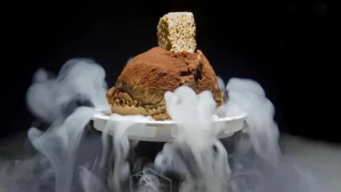A single scoop of brown, chocolate-flavored ice cream dusted heavily with cocoa powder, sitting on a small white plate. A square piece of crispy cereal or cookie sits upright on top. The ice cream and plate are surrounded by thick, rolling white vapor and fog created by liquid nitrogen against a dark, dramatic background.