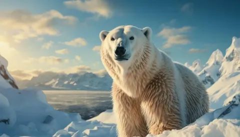 A majestic polar bear standing in a snow-covered Arctic landscape with rugged mountain peaks in the background under a soft, golden sun.